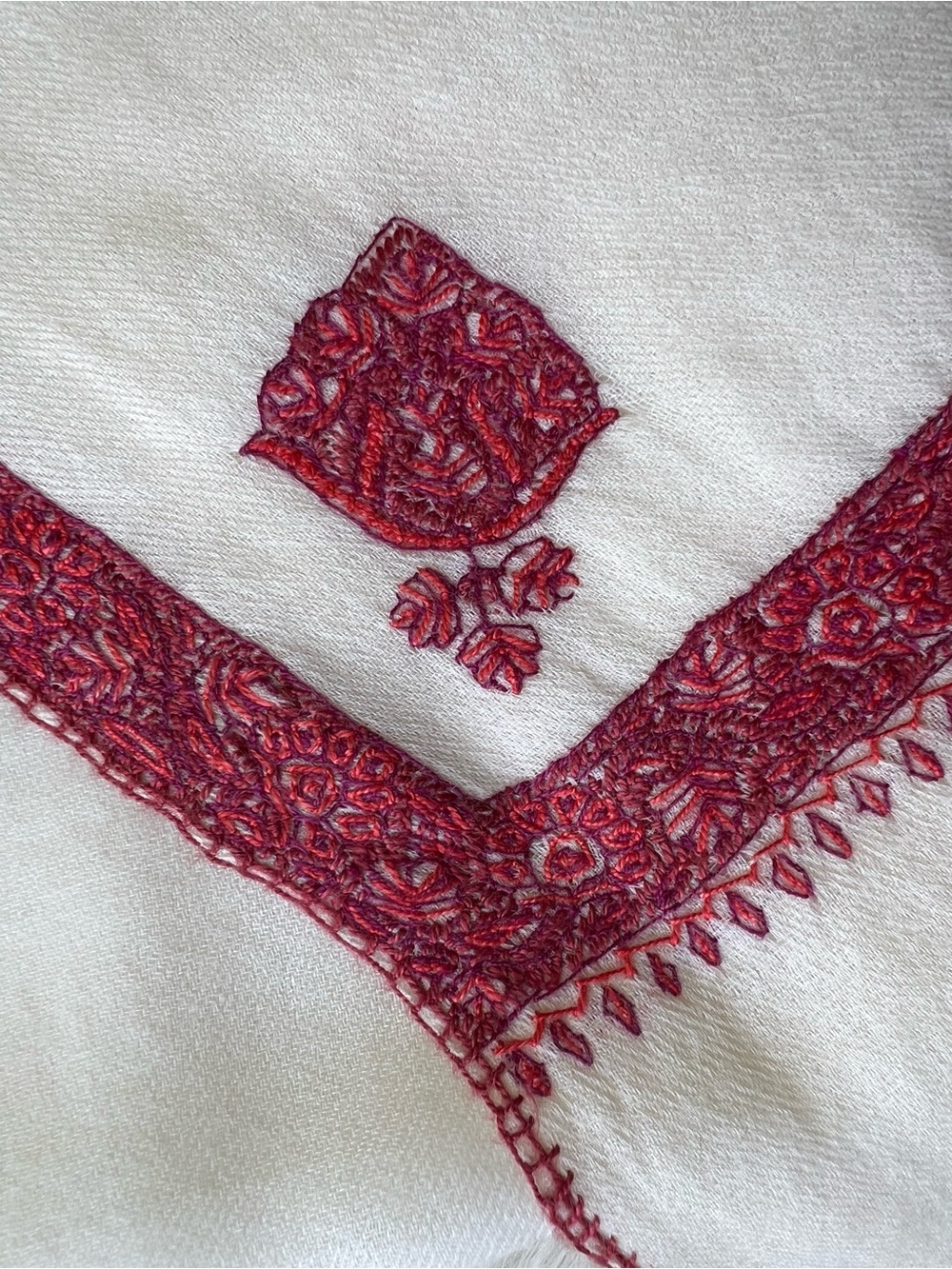 Cream Scarf Wrap with Red Embroidered Trim - super soft bought in India!